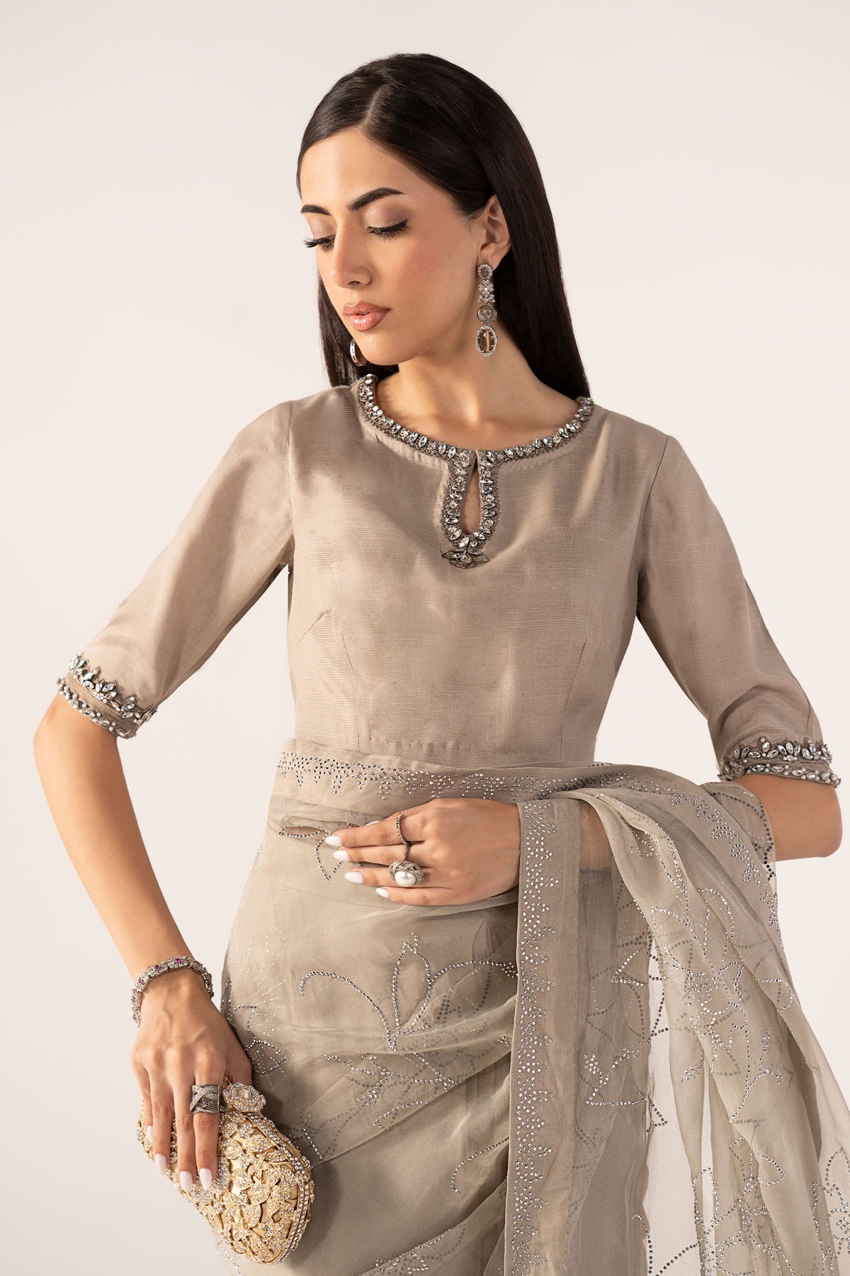 Embellished Chiffon Saree - SFP2602-ESM-GRY