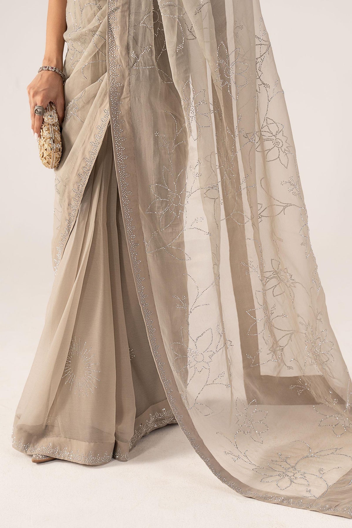 Embellished Chiffon Saree - SFP2602-ESM-GRY