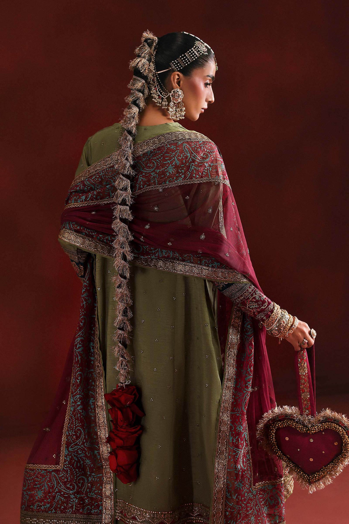 3 Piece Embroidered Raw Silk Suit - SFP2603-ESM-GRN