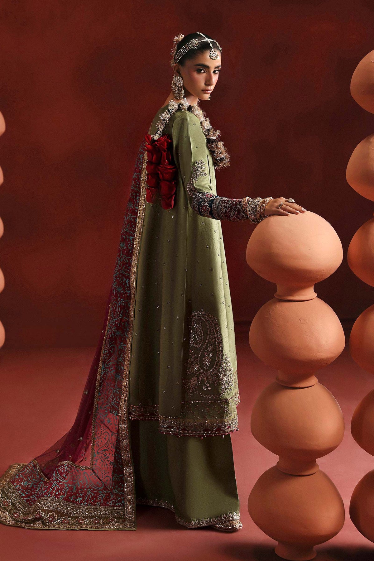 3 Piece Embroidered Raw Silk Suit - SFP2603-ESM-GRN