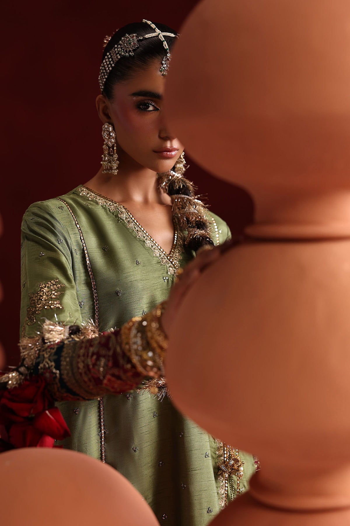 3 Piece Embroidered Raw Silk Suit - SFP2603-ESM-GRN