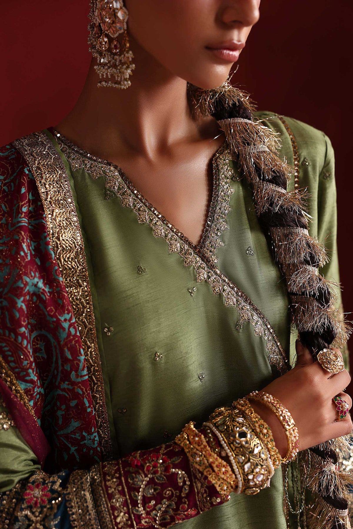 3 Piece Embroidered Raw Silk Suit - SFP2603-ESM-GRN