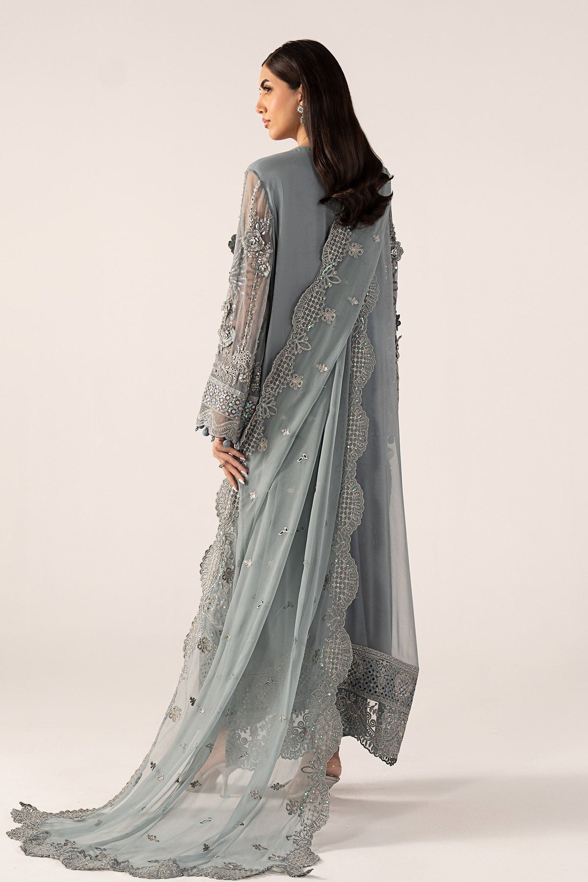 3 Piece Embroidered Chiffon Suit - SFF2605-ESM-BLU