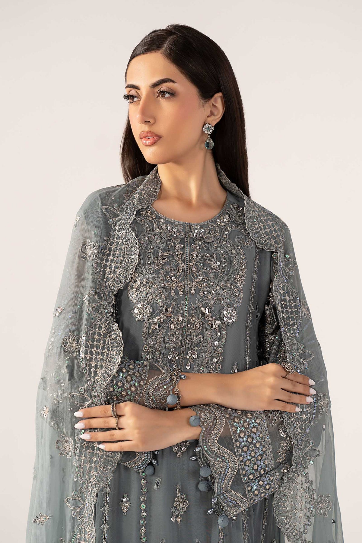 3 Piece Embroidered Chiffon Suit - SFF2605-ESM-BLU