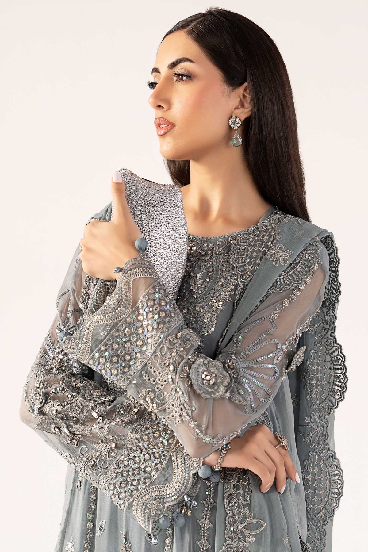 3 Piece Embroidered Chiffon Suit - SFF2605-ESM-BLU