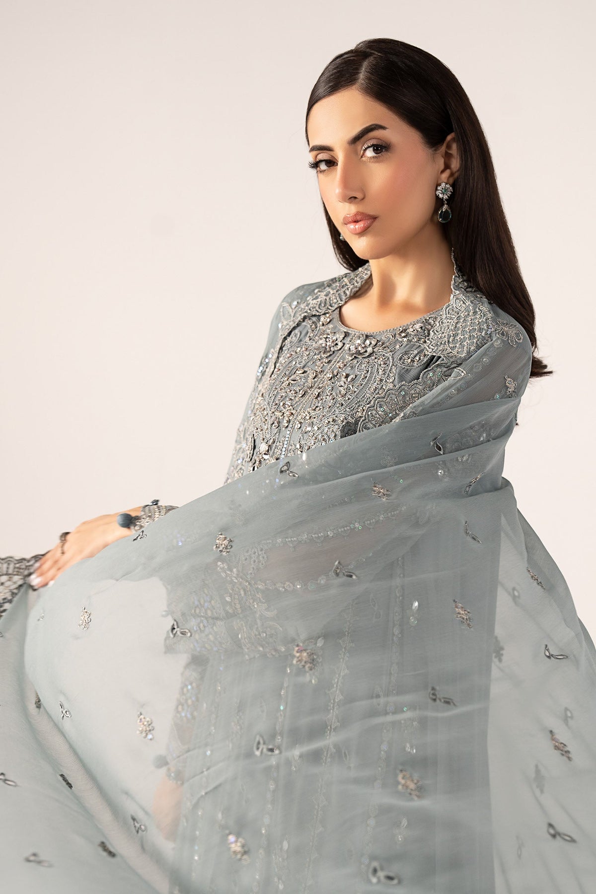 3 Piece Embroidered Chiffon Suit - SFF2605-ESM-BLU