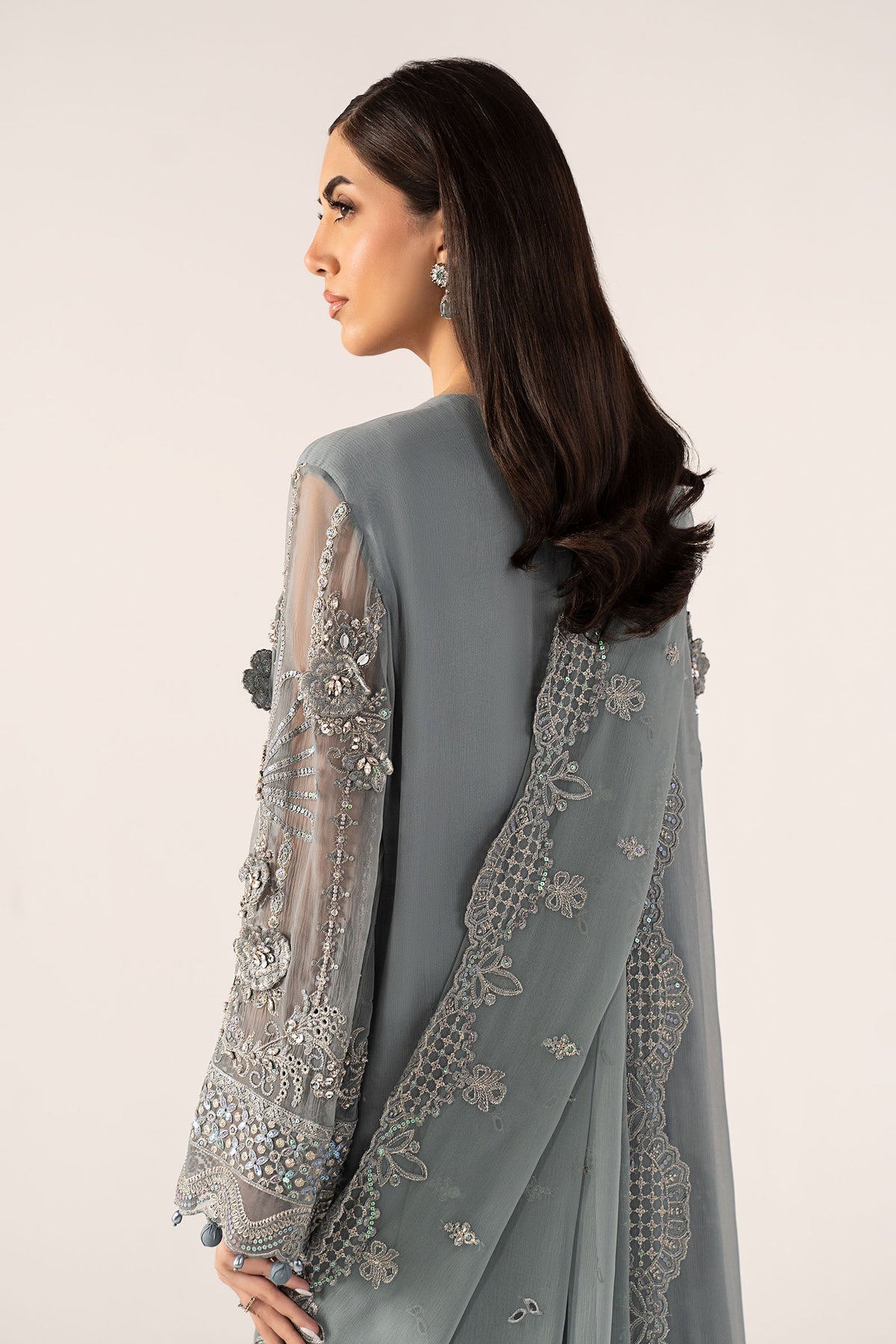 3 Piece Embroidered Chiffon Suit - SFF2605-ESM-BLU