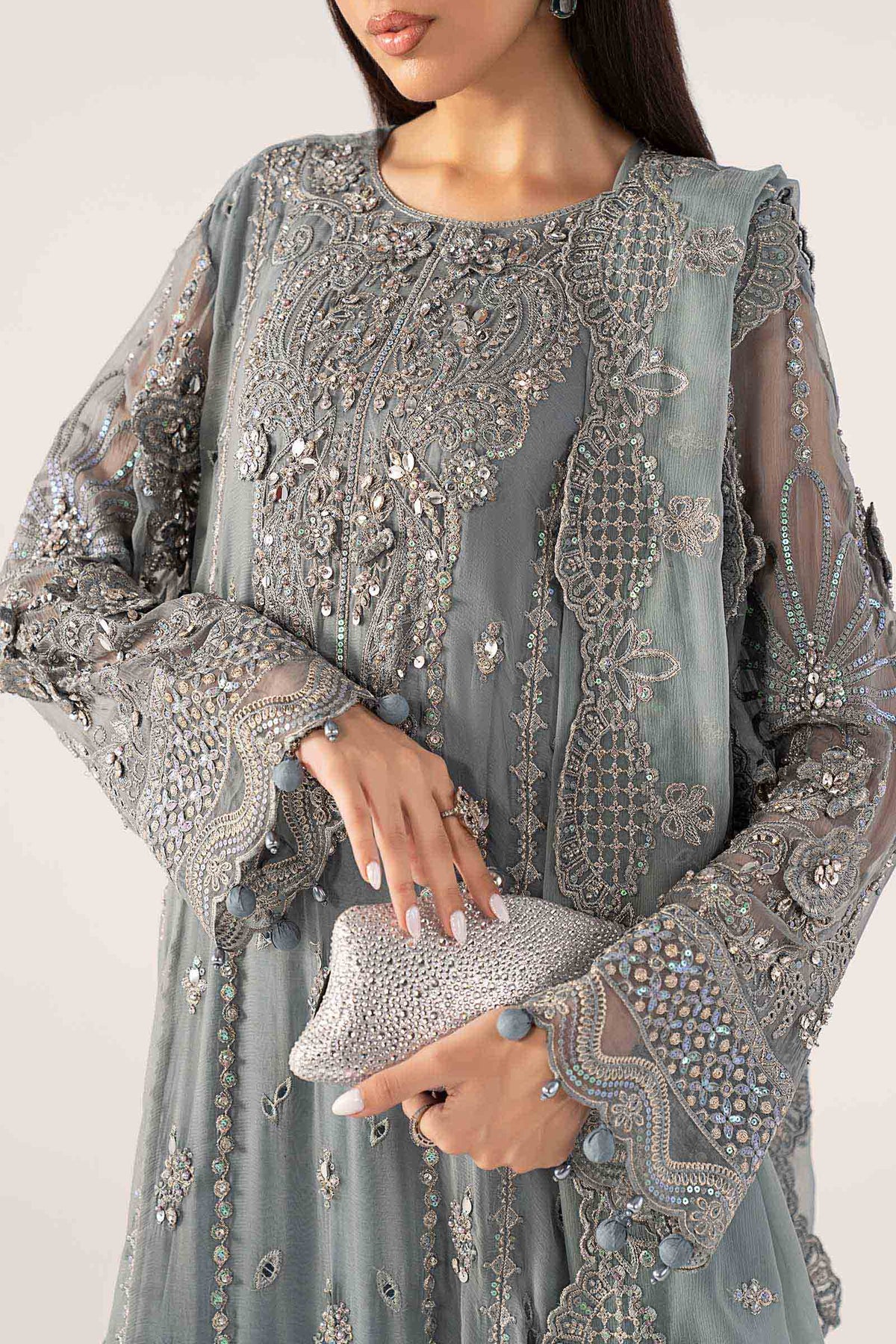 3 Piece Embroidered Chiffon Suit - SFF2605-ESM-BLU