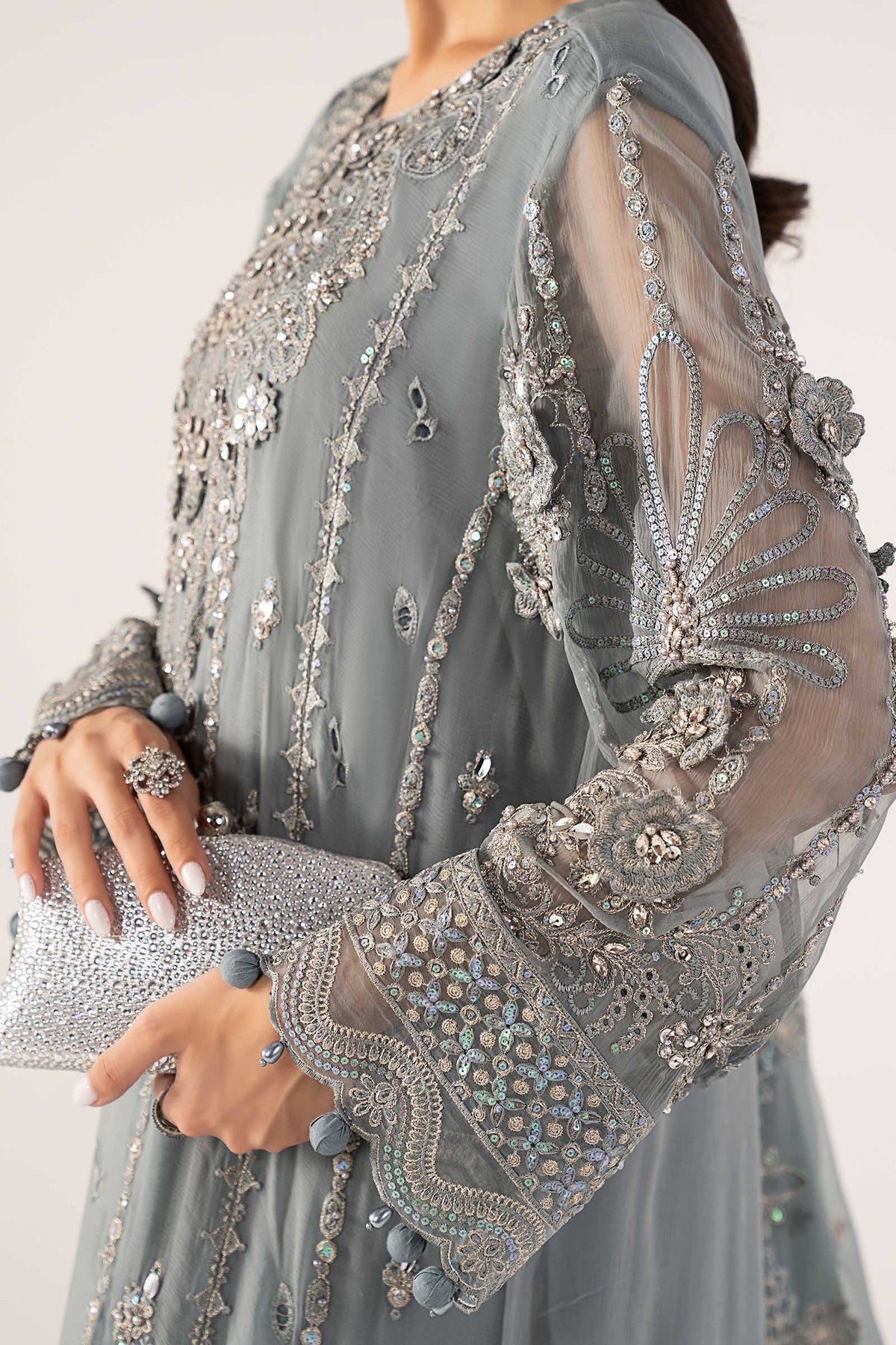 3 Piece Embroidered Chiffon Suit - SFF2605-ESM-BLU