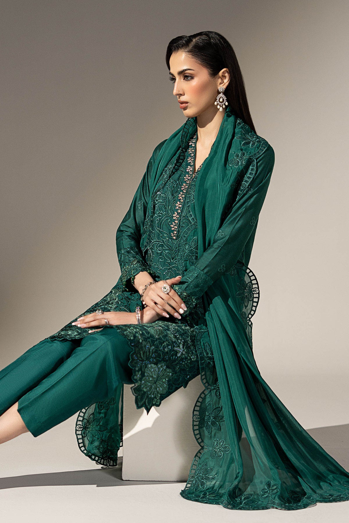 3 Piece Embroidered Black Warp Silk Suit