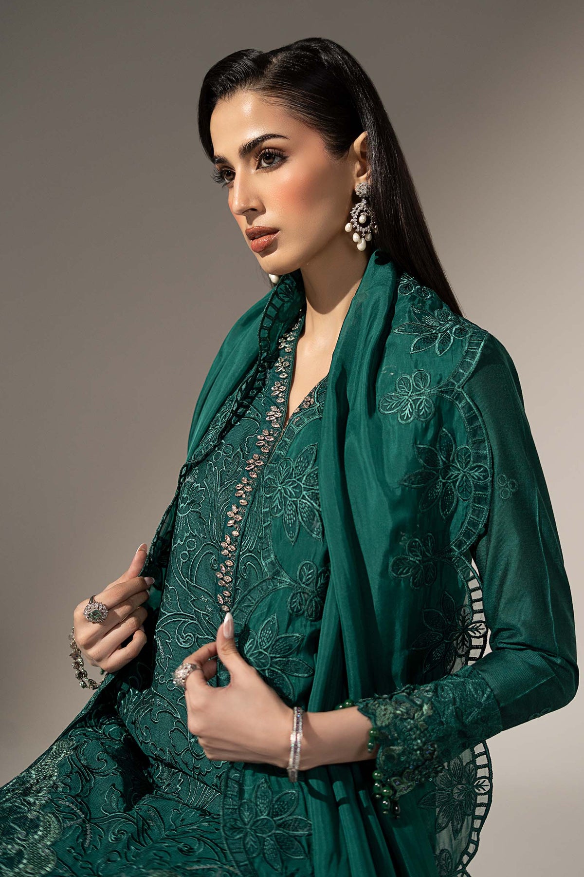 3 Piece Embroidered Black Warp Silk Suit