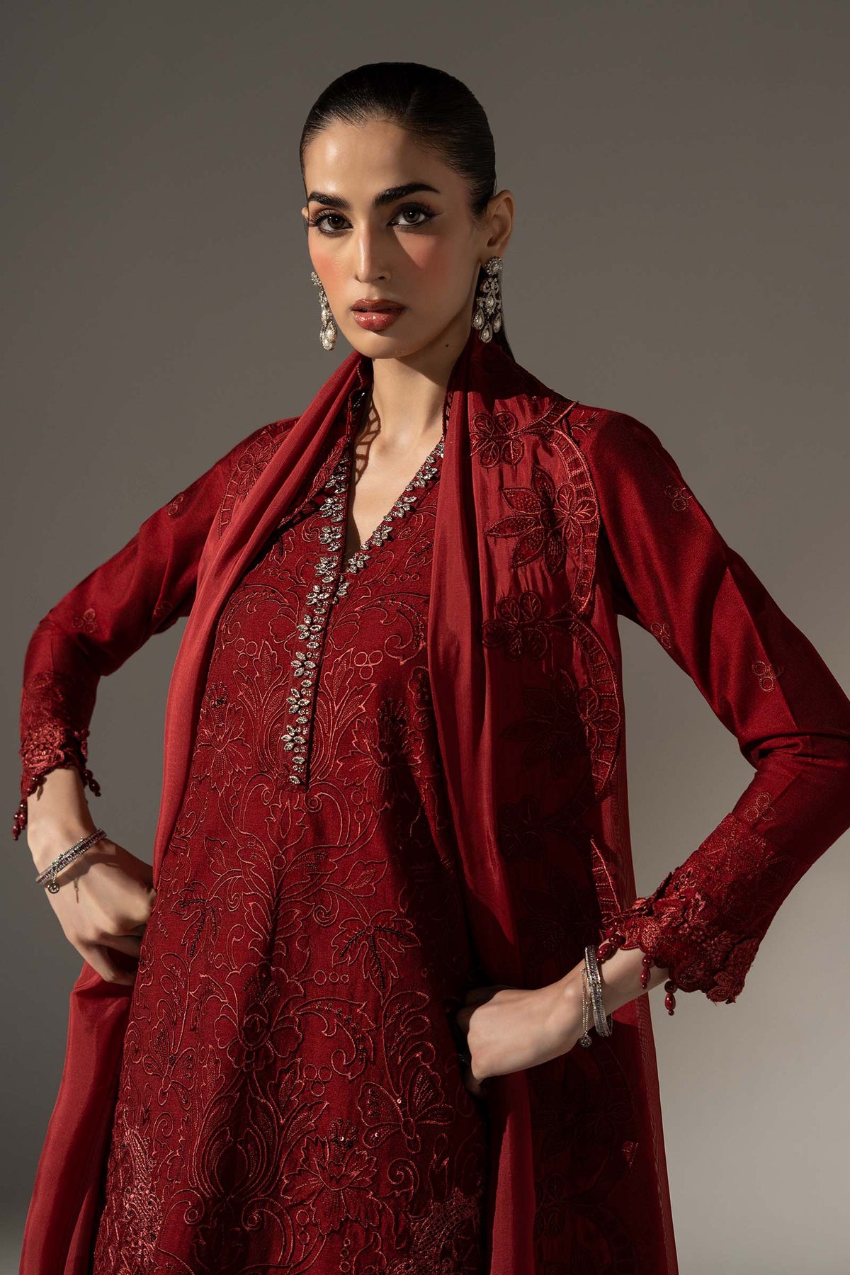 3 Piece Embroidered Black Warp Silk Suit