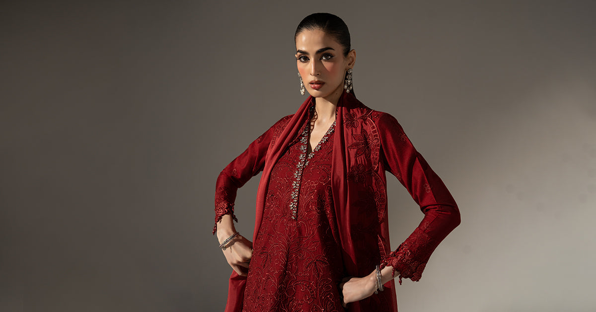 3 Piece Embroidered Black Warp Silk Suit