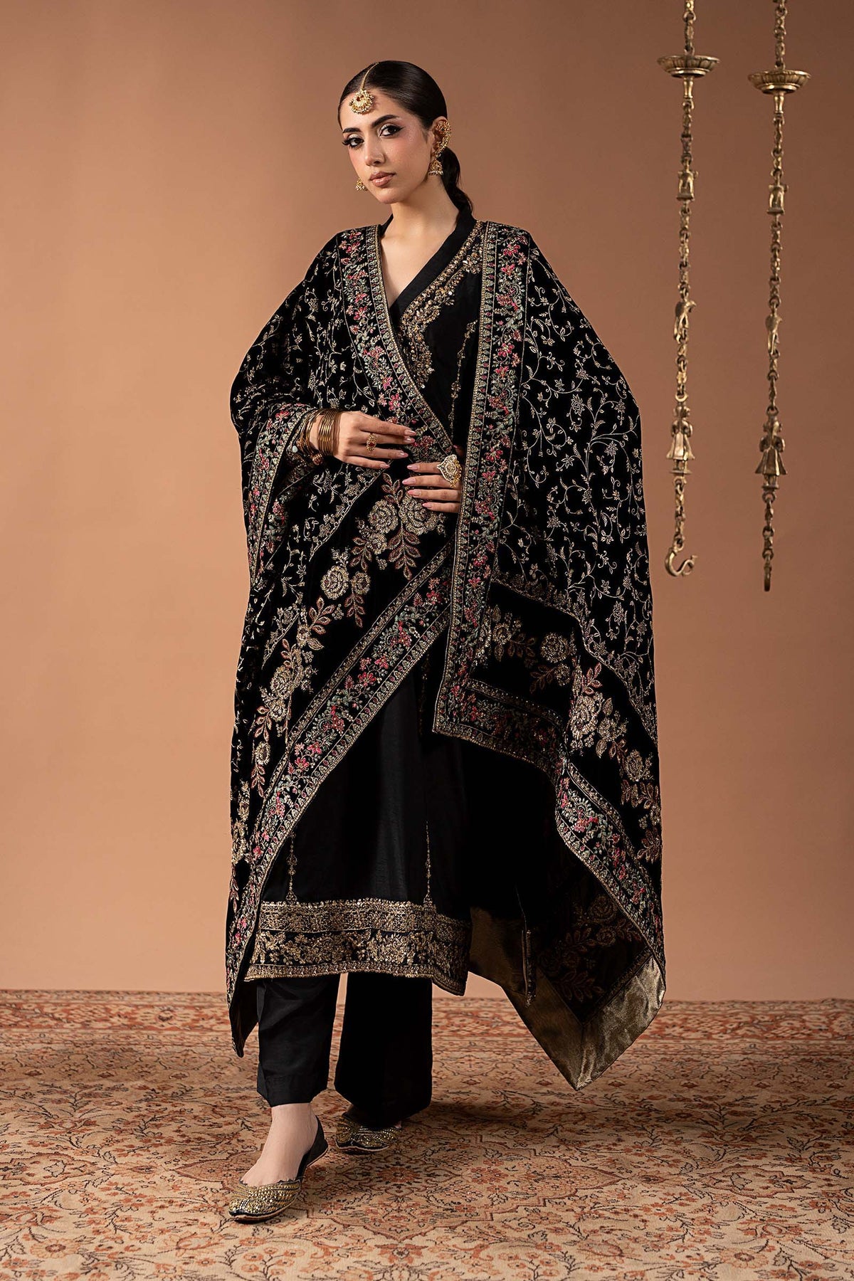 3 Piece Embroidered Raw Silk Suit - SF-W26-29-BLACK