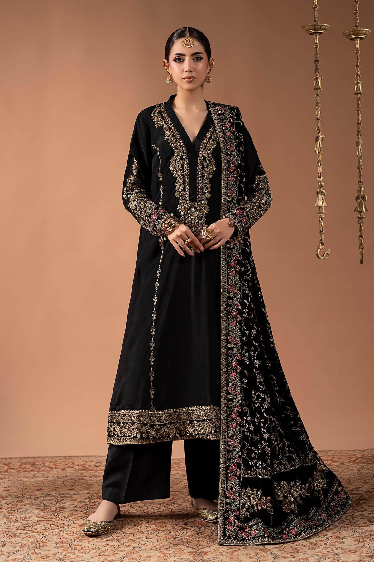 3 Piece Embroidered Raw Silk Suit - SF-W26-29-BLACK