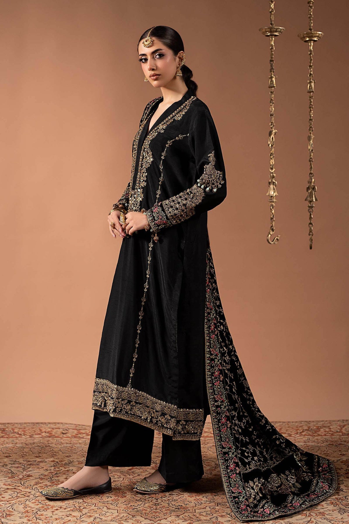 3 Piece Embroidered Raw Silk Suit - SF-W26-29-BLACK