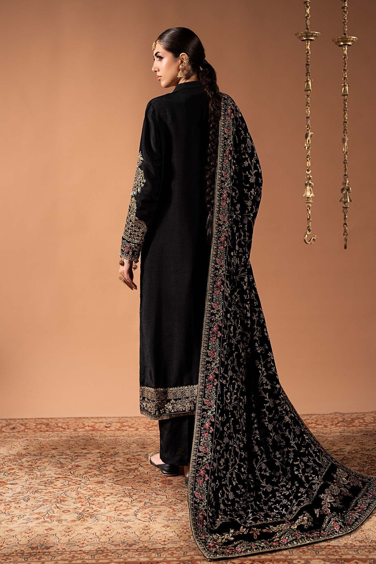 3 Piece Embroidered Raw Silk Suit - SF-W26-29-BLACK