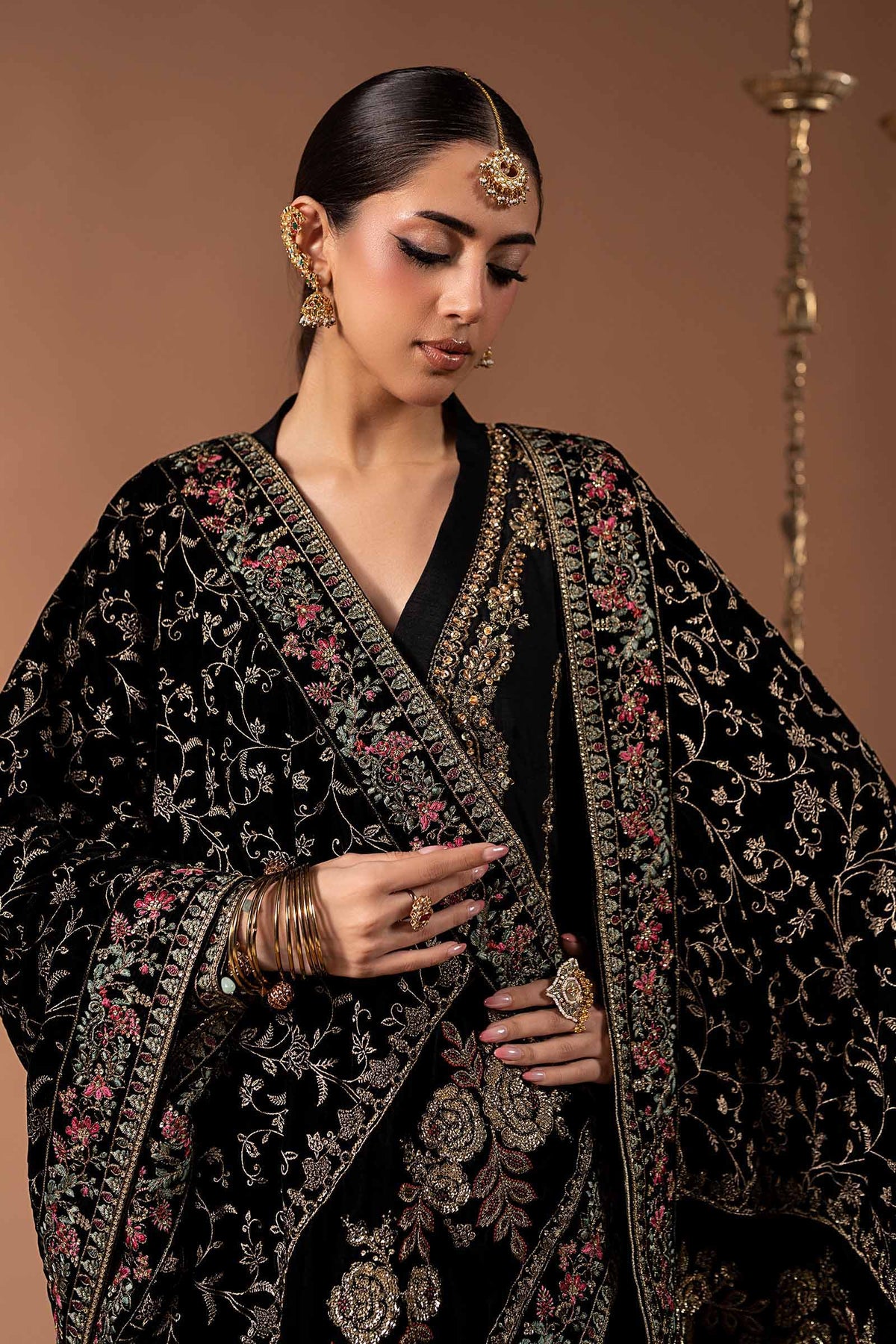 3 Piece Embroidered Raw Silk Suit - SF-W26-29-BLACK