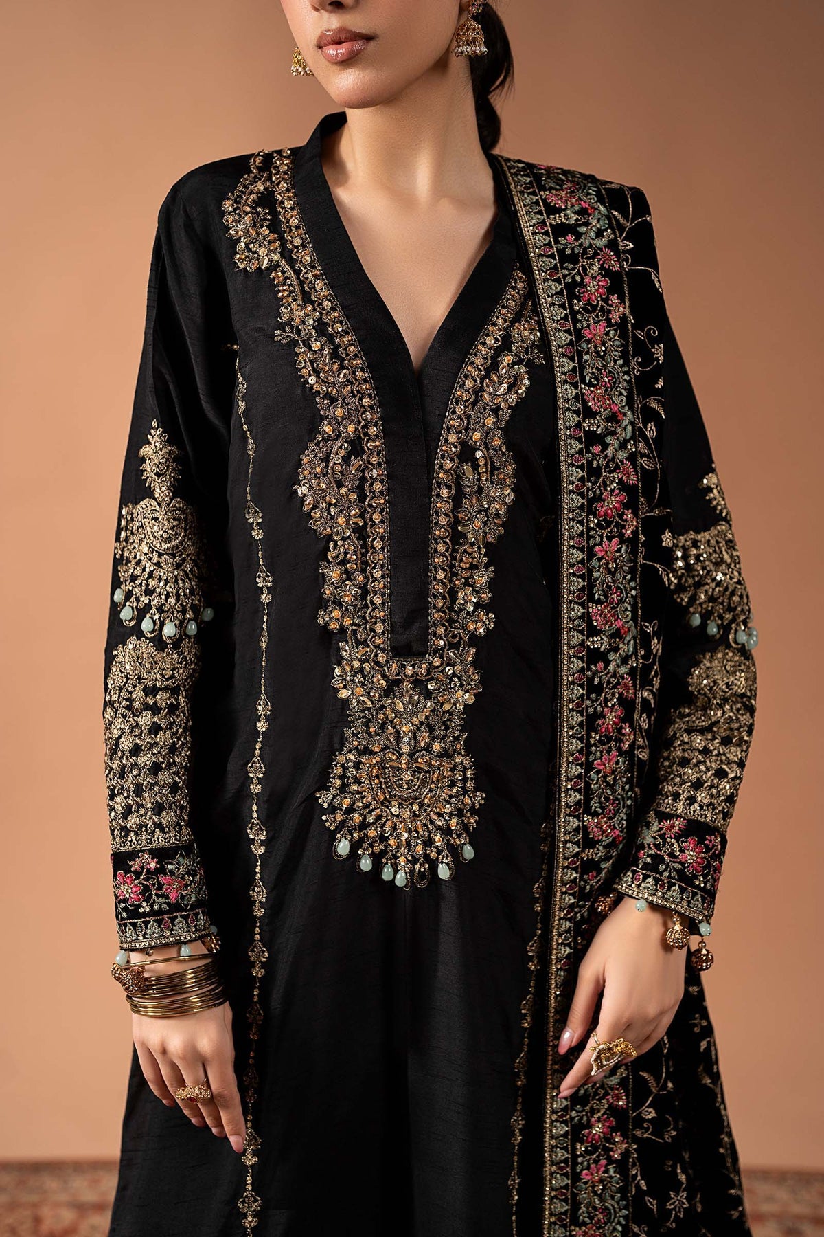 3 Piece Embroidered Raw Silk Suit - SF-W26-29-BLACK