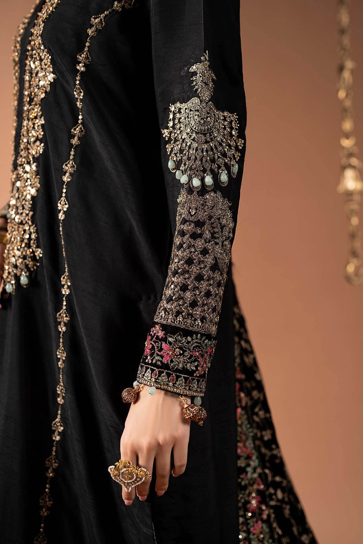 3 Piece Embroidered Raw Silk Suit - SF-W26-29-BLACK