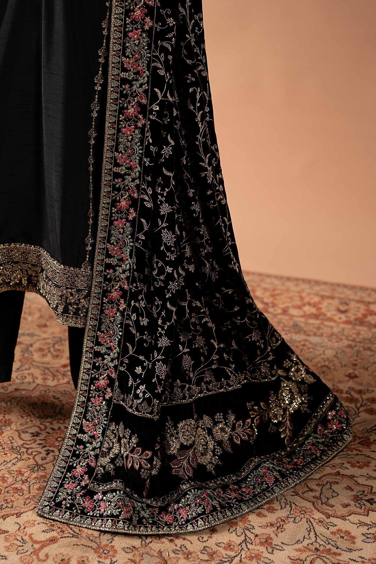 3 Piece Embroidered Raw Silk Suit - SF-W26-29-BLACK