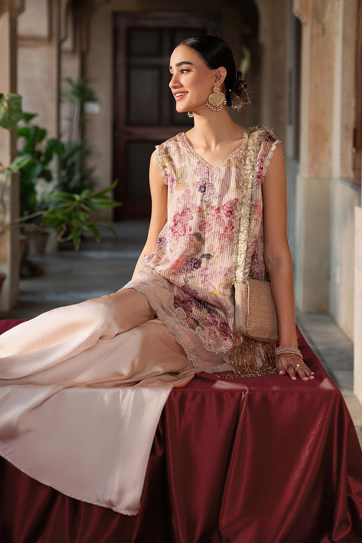 2 Piece Embroidered Textured Silk Suit