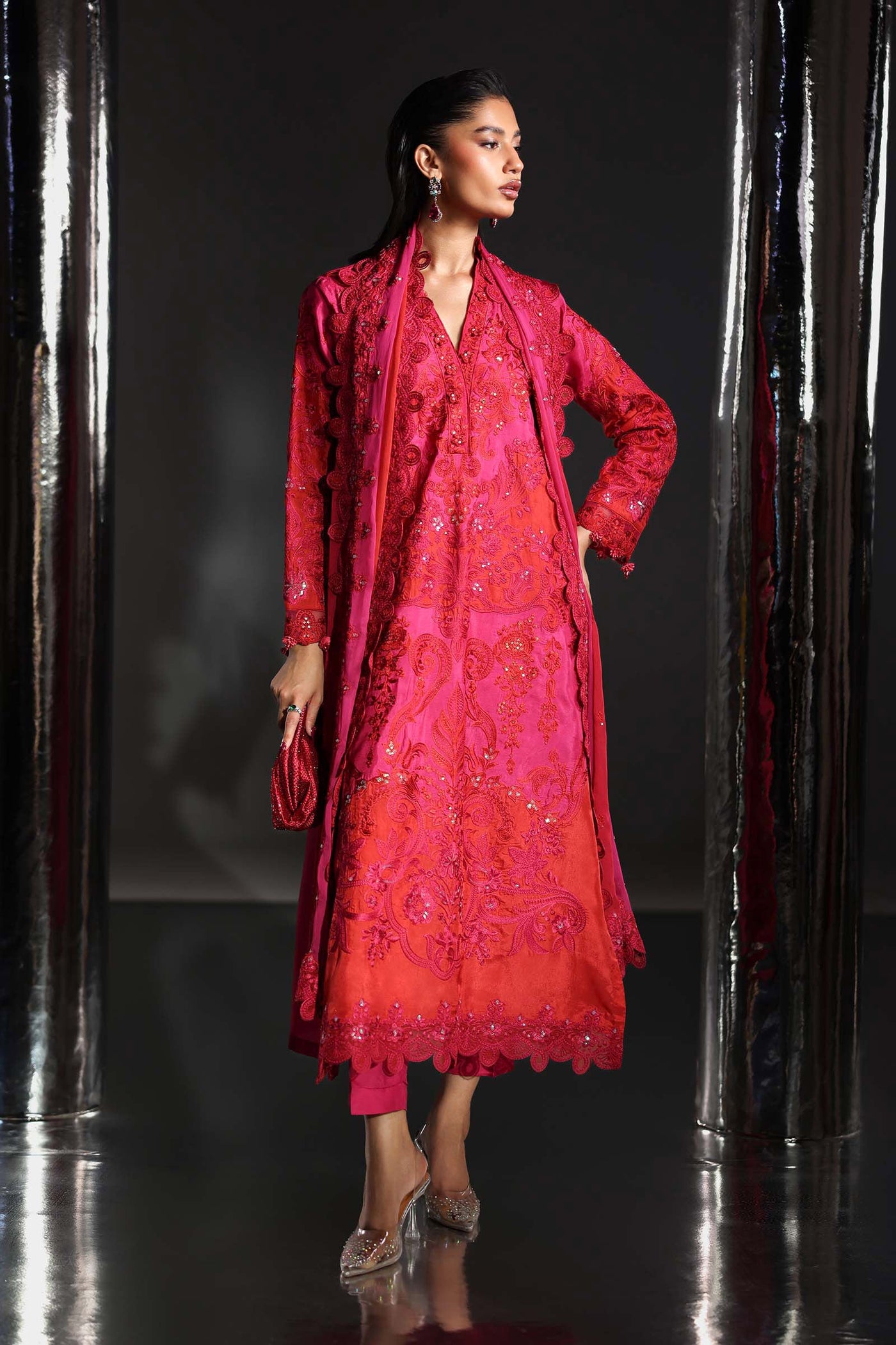 3 Piece Embroidered Tissue Silk Suit