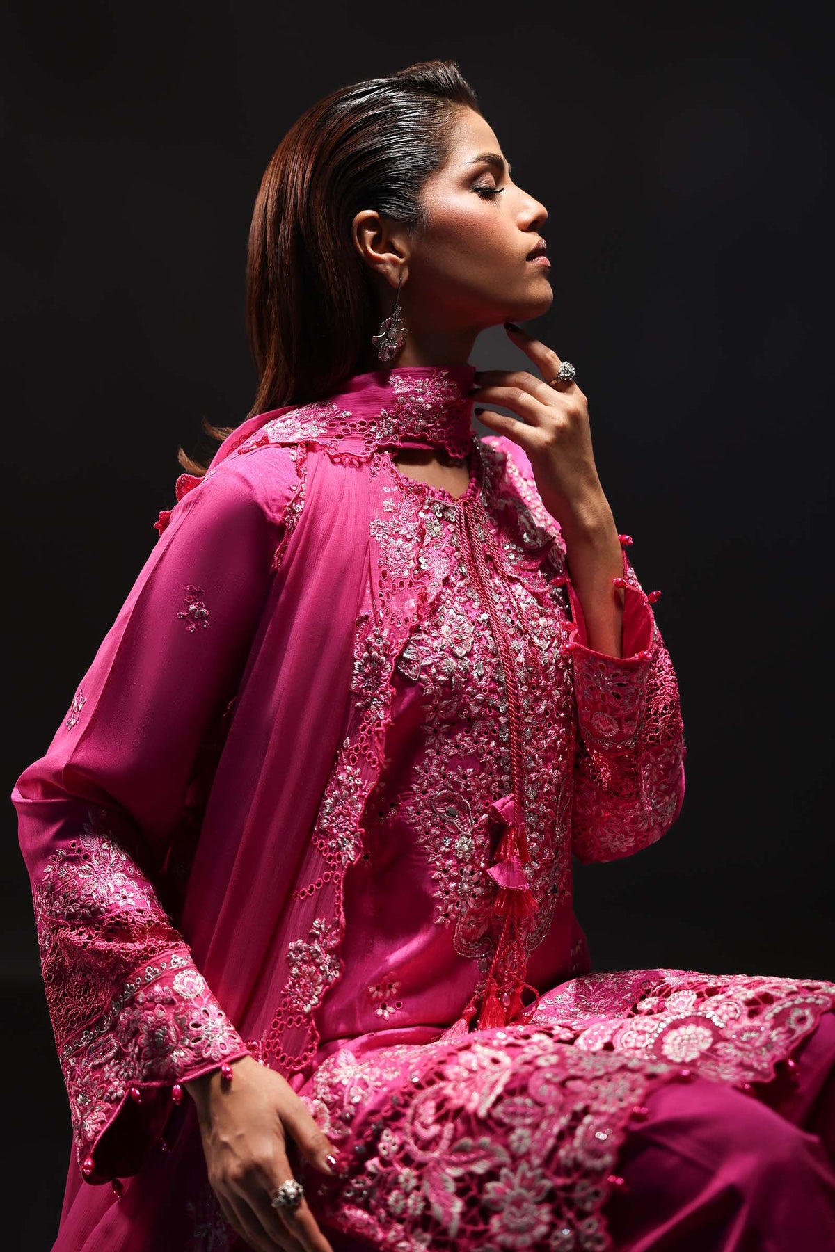 3 Piece Embroidered Raw Silk Suit - SFA2609-ESM-PNK