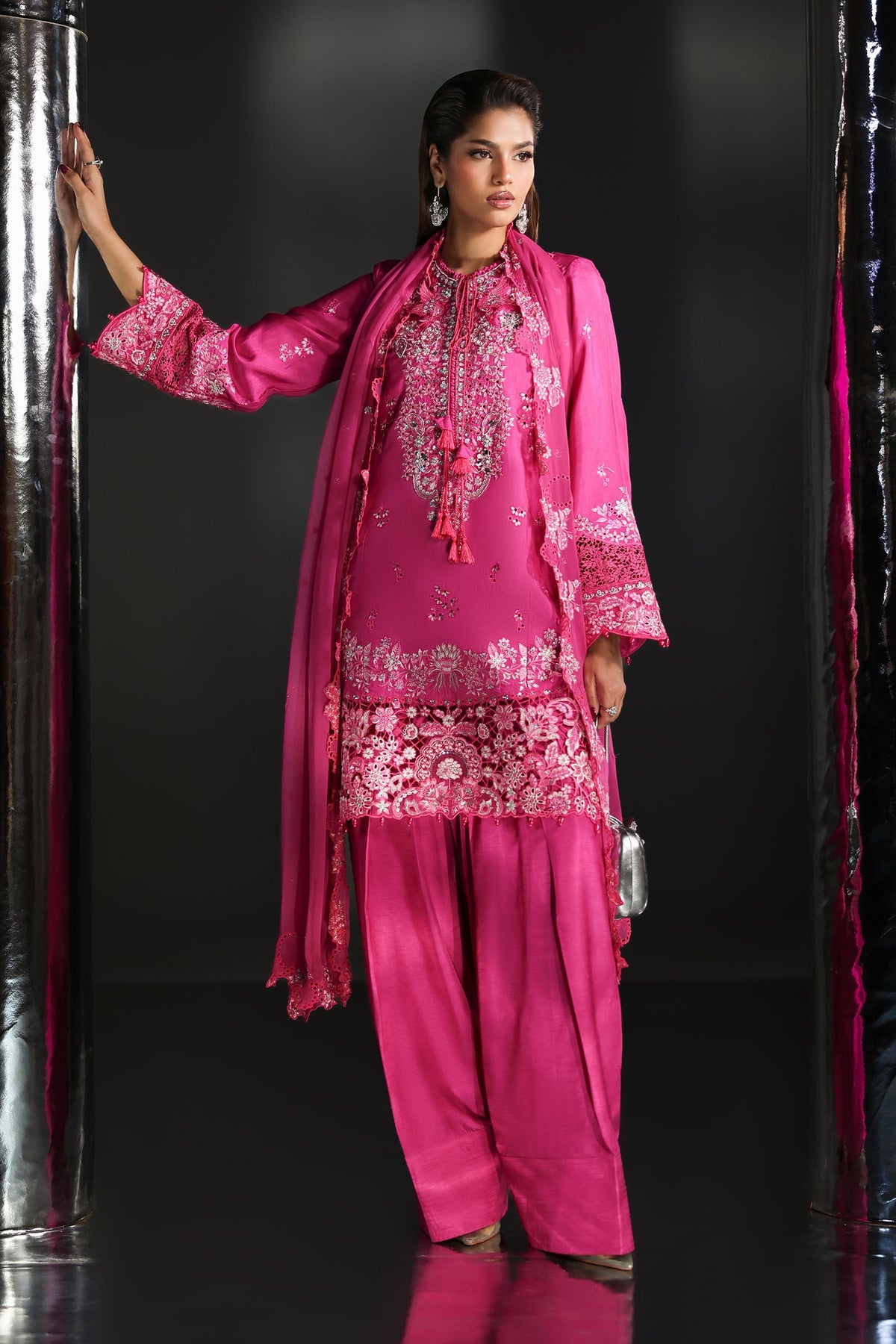 3 Piece Embroidered Raw Silk Suit - SFA2609-ESM-PNK