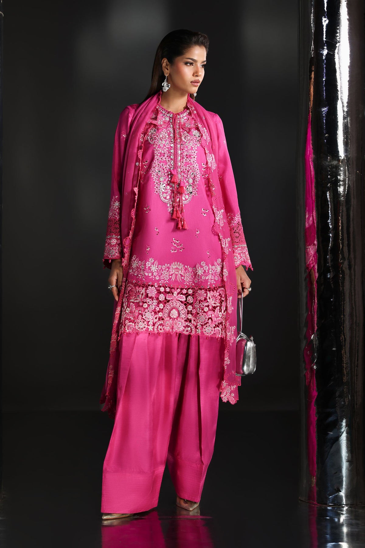 3 Piece Embroidered Raw Silk Suit - SFA2609-ESM-PNK
