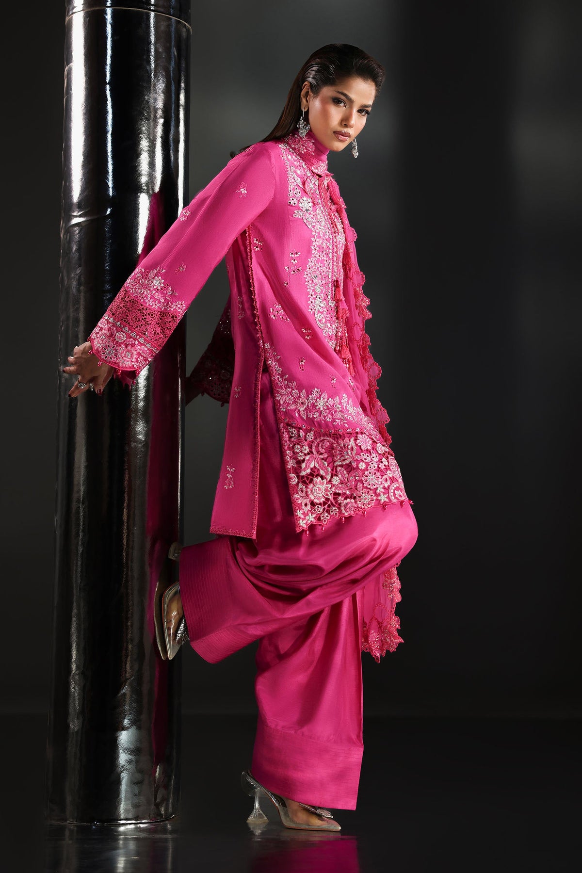 3 Piece Embroidered Raw Silk Suit - SFA2609-ESM-PNK