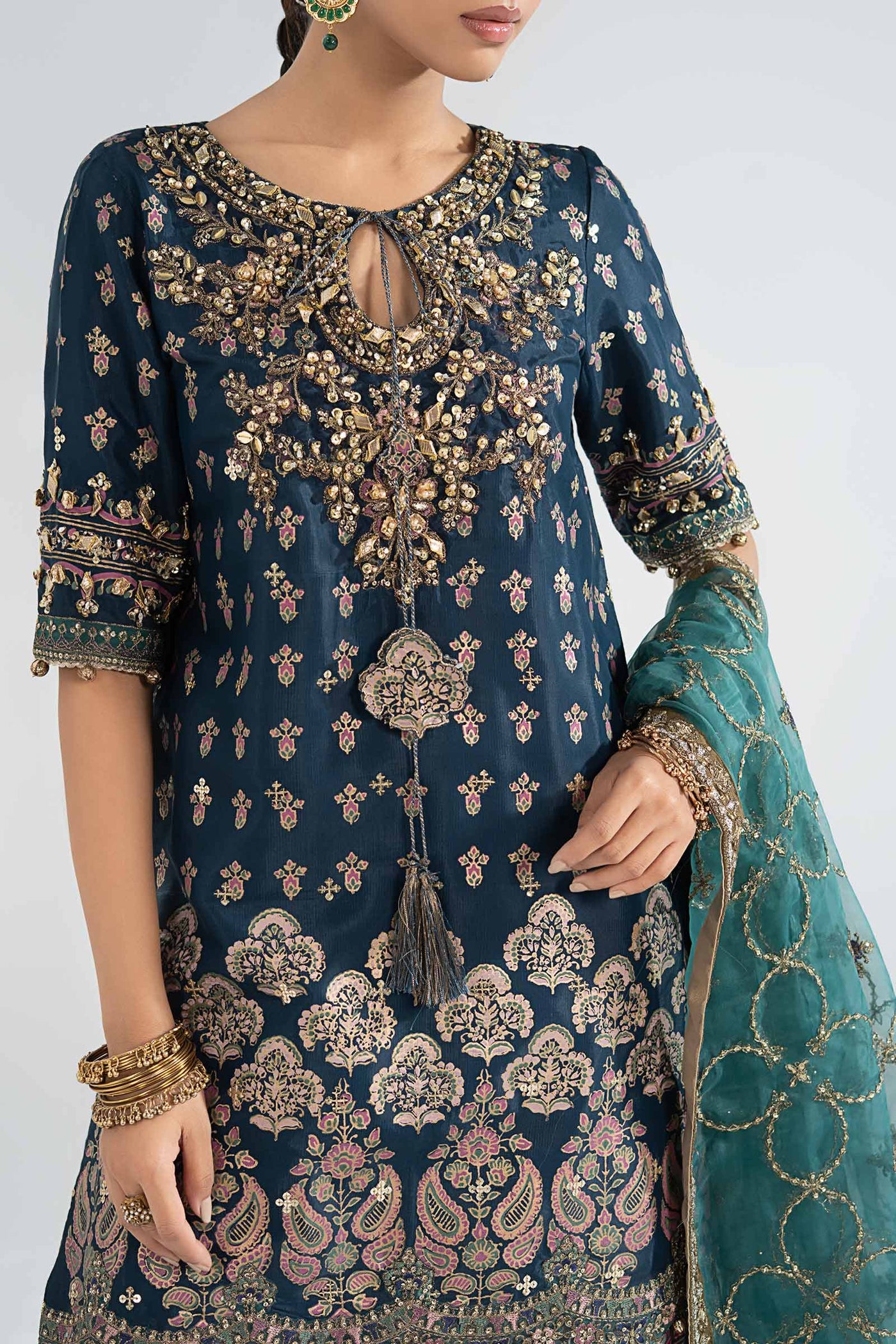 3 Piece Embroidered Raw Silk Suit
