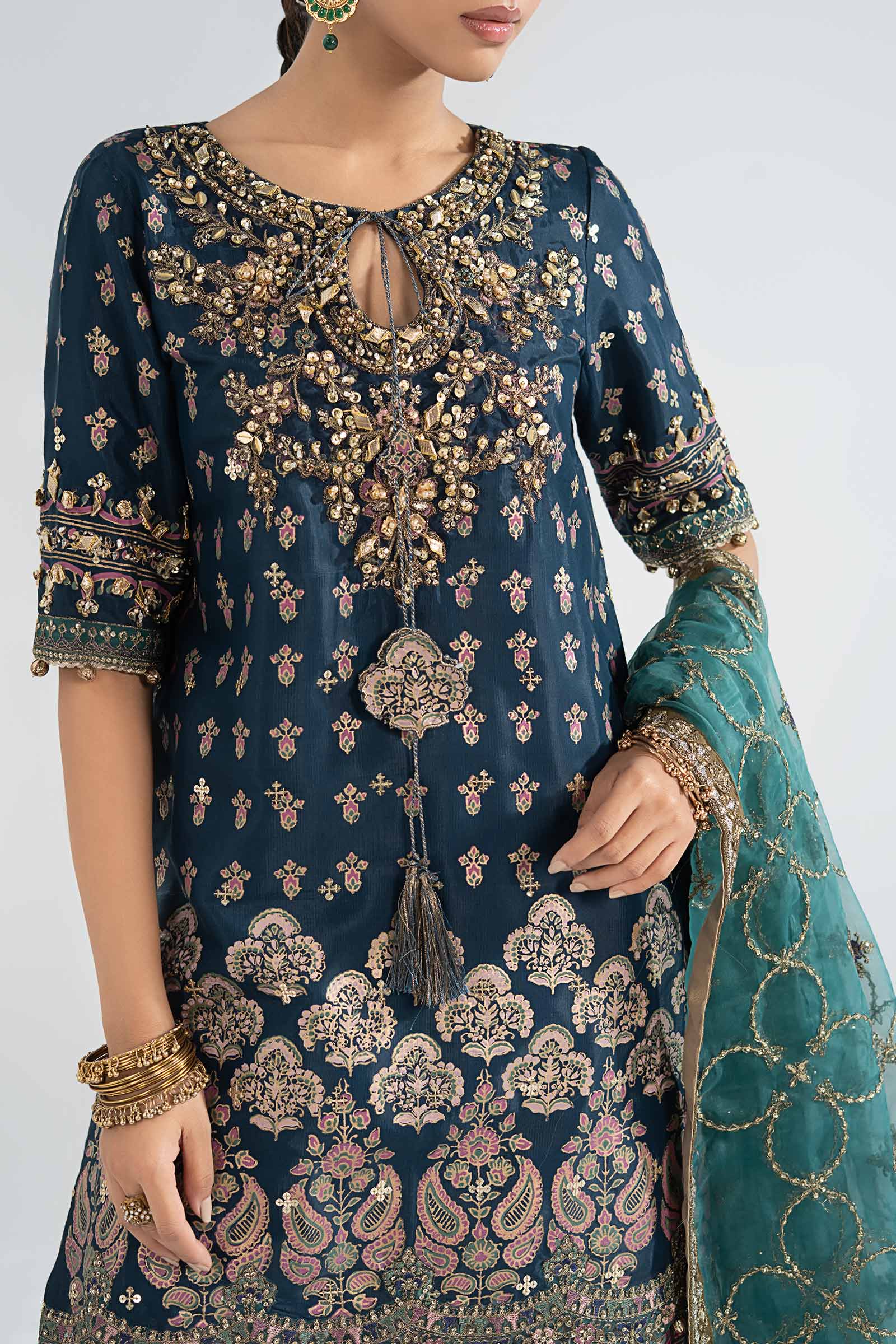 3 Piece Embroidered Raw Silk Suit
