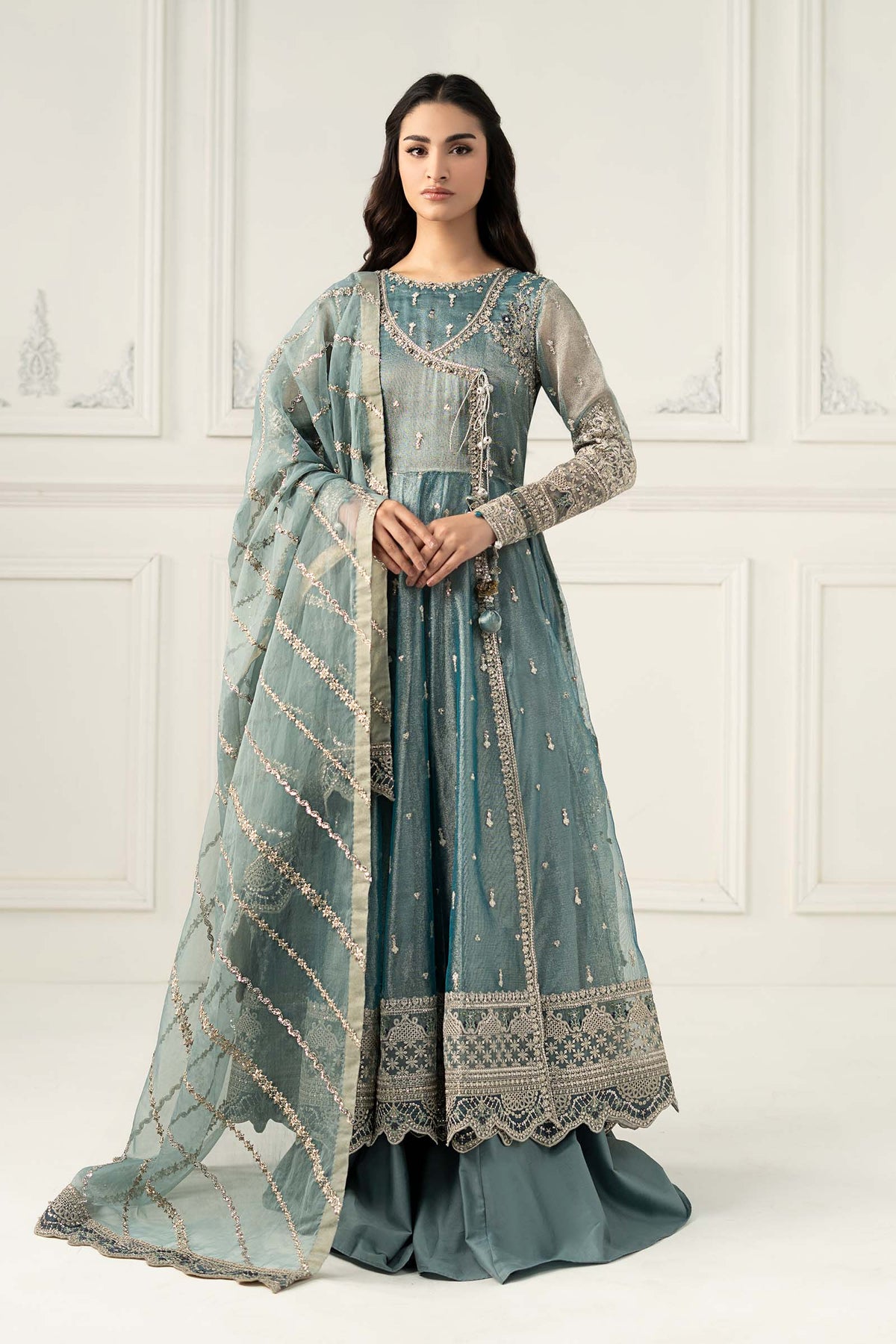 3 Piece Embroidered Zari Net Suit