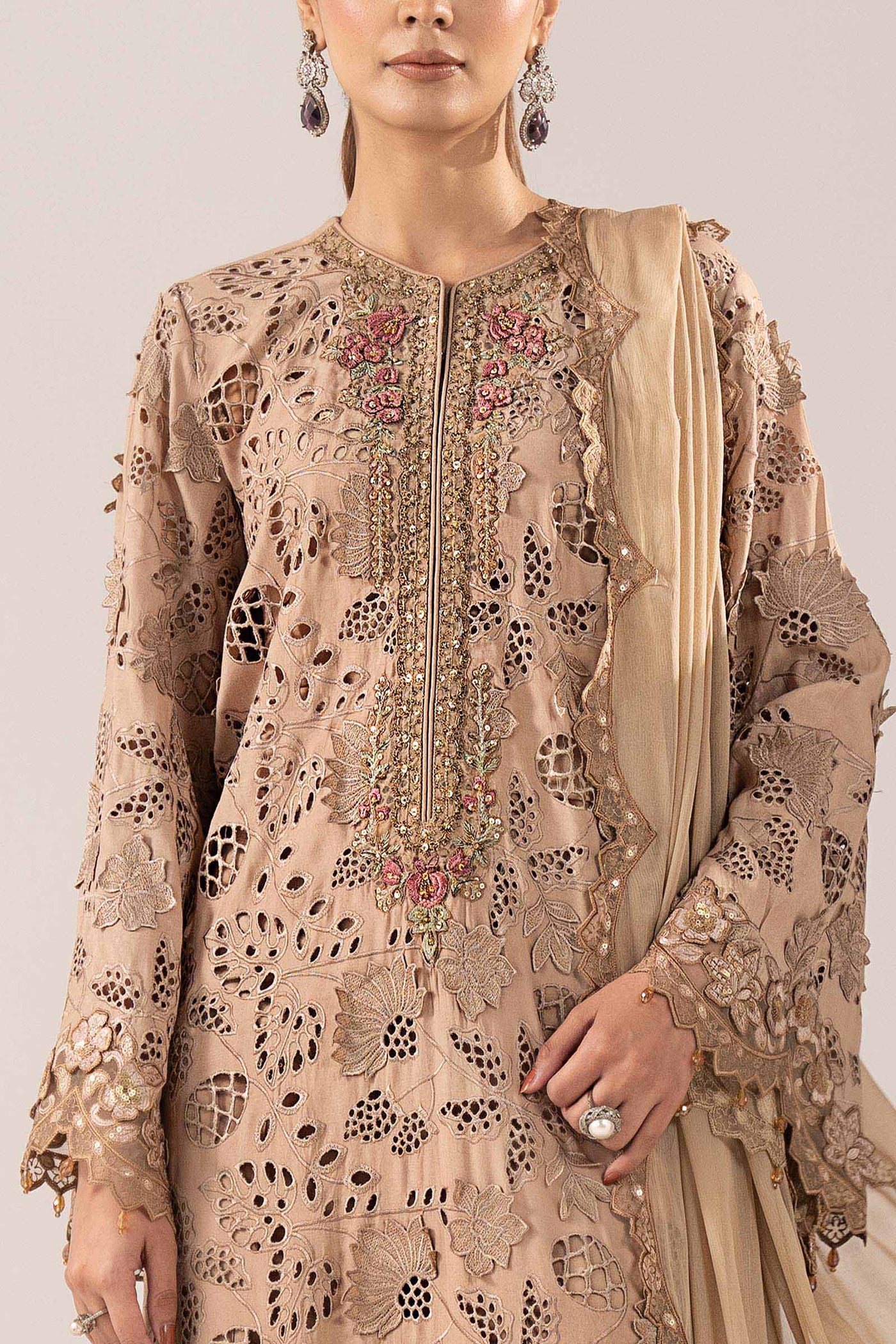 3 Piece Embroidered Raw Silk Suit