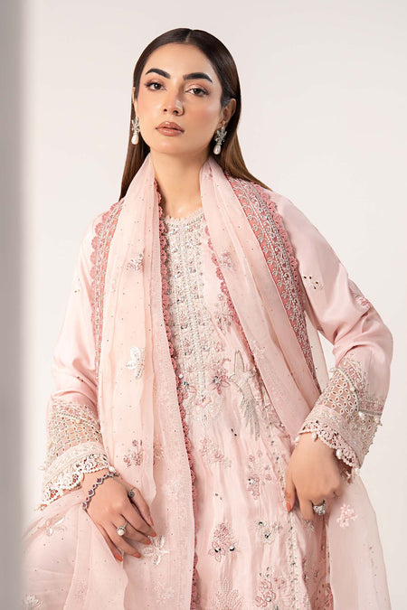 3 Piece Embroidered Raw Silk Suit - SFE2620-ESM-PNK