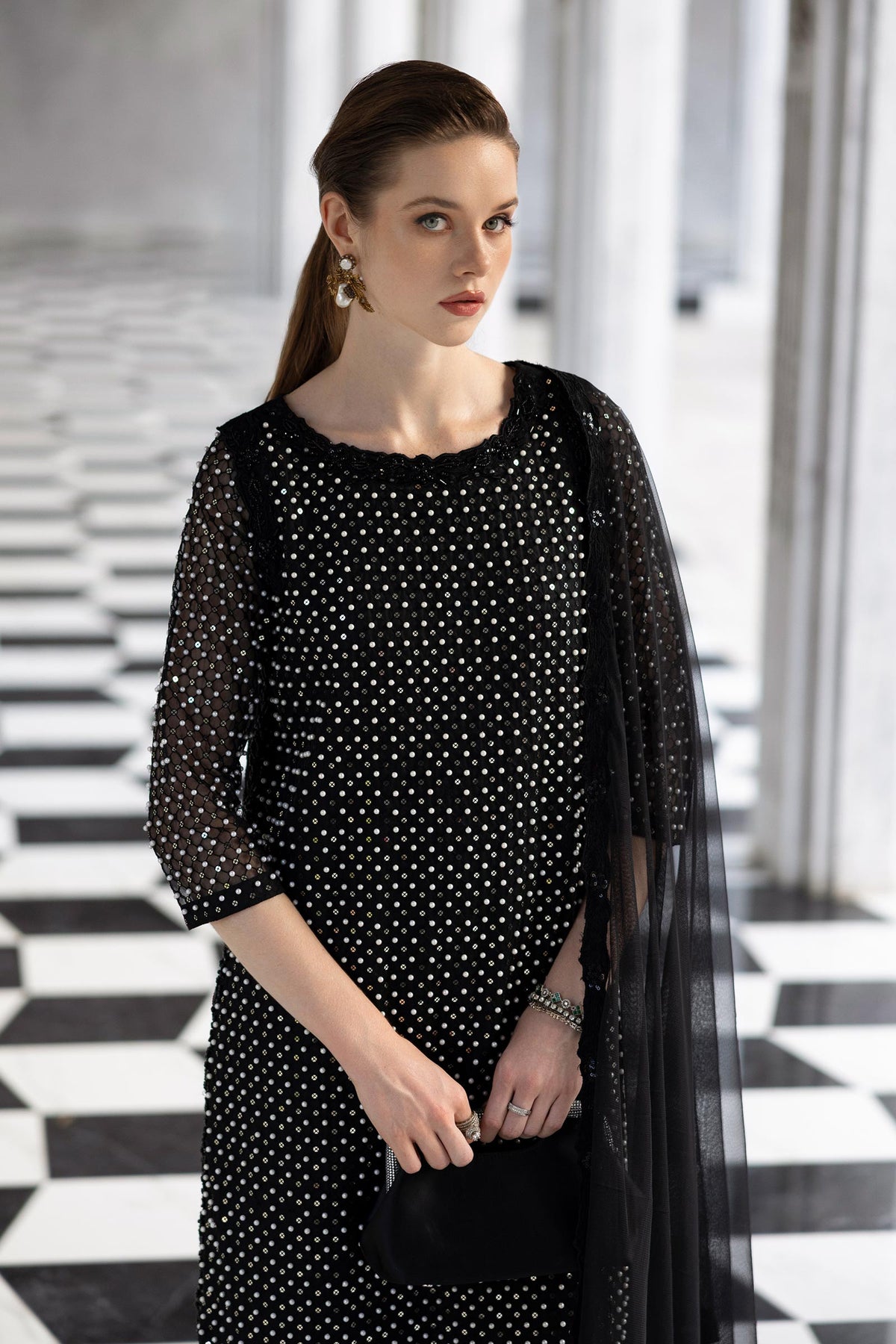 3 Piece Embroidered Organza Suit - SFE2623-ESM-BLK