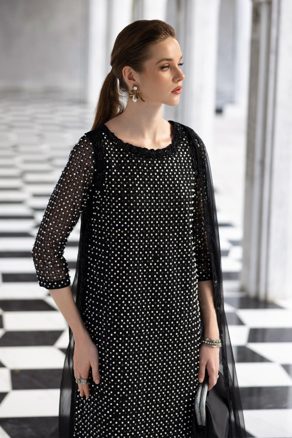 3 Piece Embroidered Organza Suit - SFE2623-ESM-BLK
