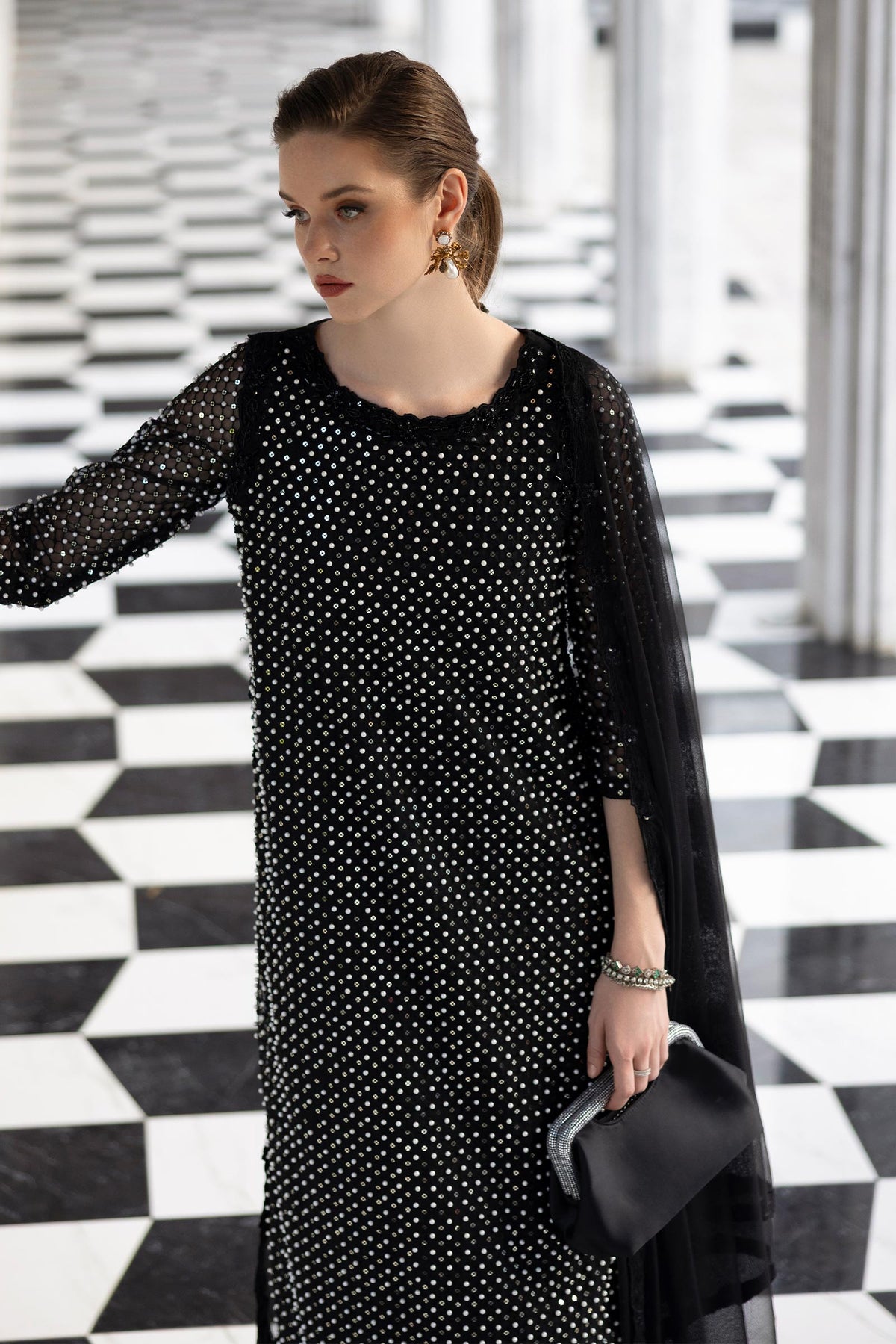 3 Piece Embroidered Organza Suit - SFE2623-ESM-BLK