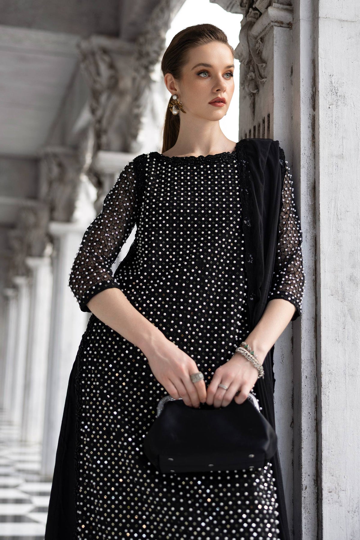 3 Piece Embroidered Organza Suit - SFE2623-ESM-BLK