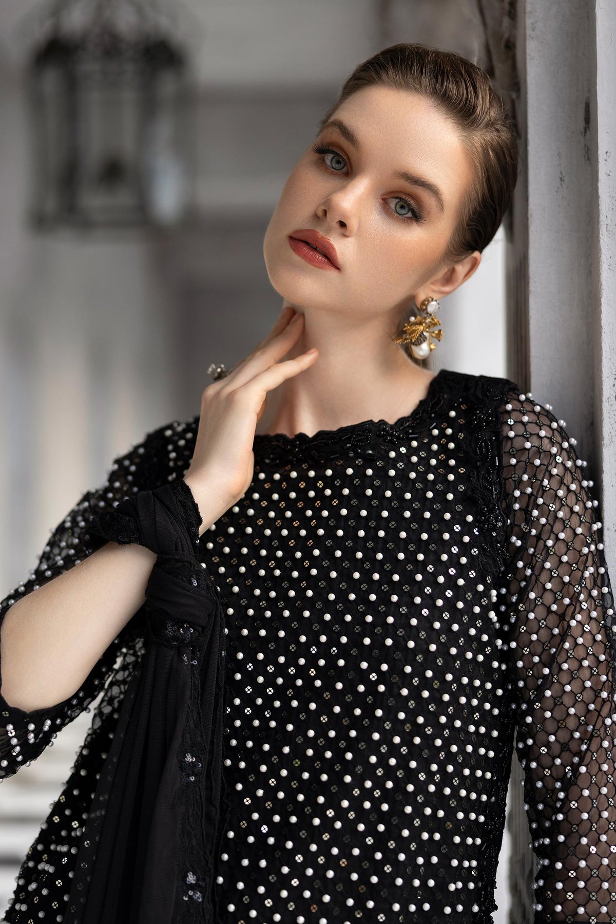 3 Piece Embroidered Organza Suit - SFE2623-ESM-BLK