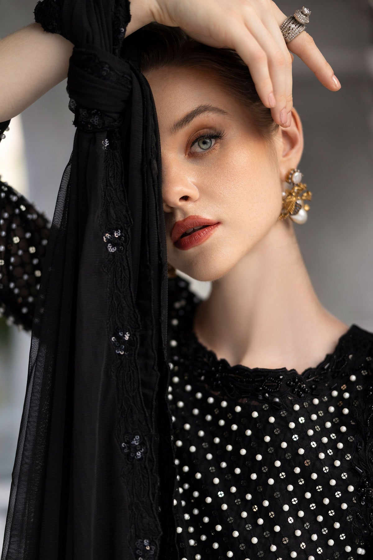 3 Piece Embroidered Organza Suit - SFE2623-ESM-BLK