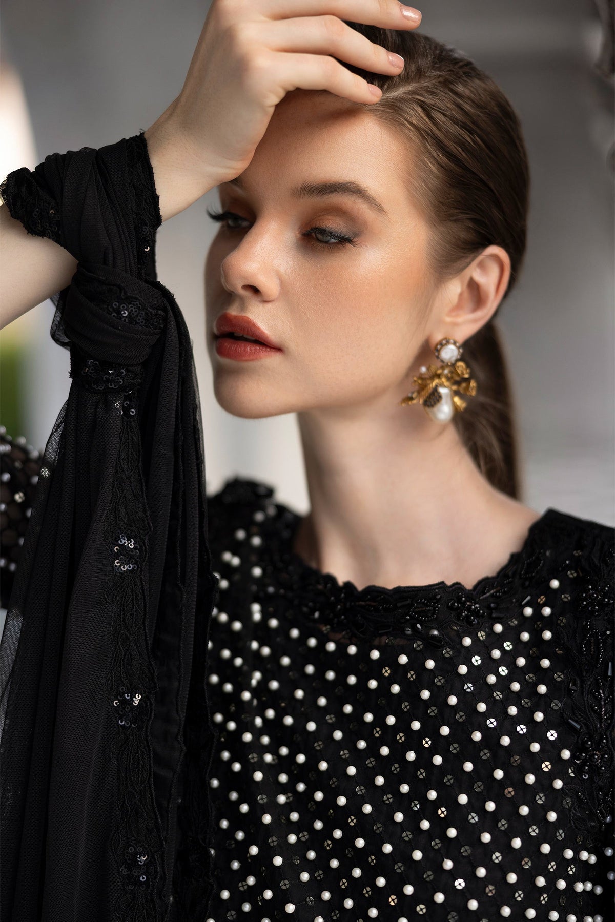 3 Piece Embroidered Organza Suit - SFE2623-ESM-BLK