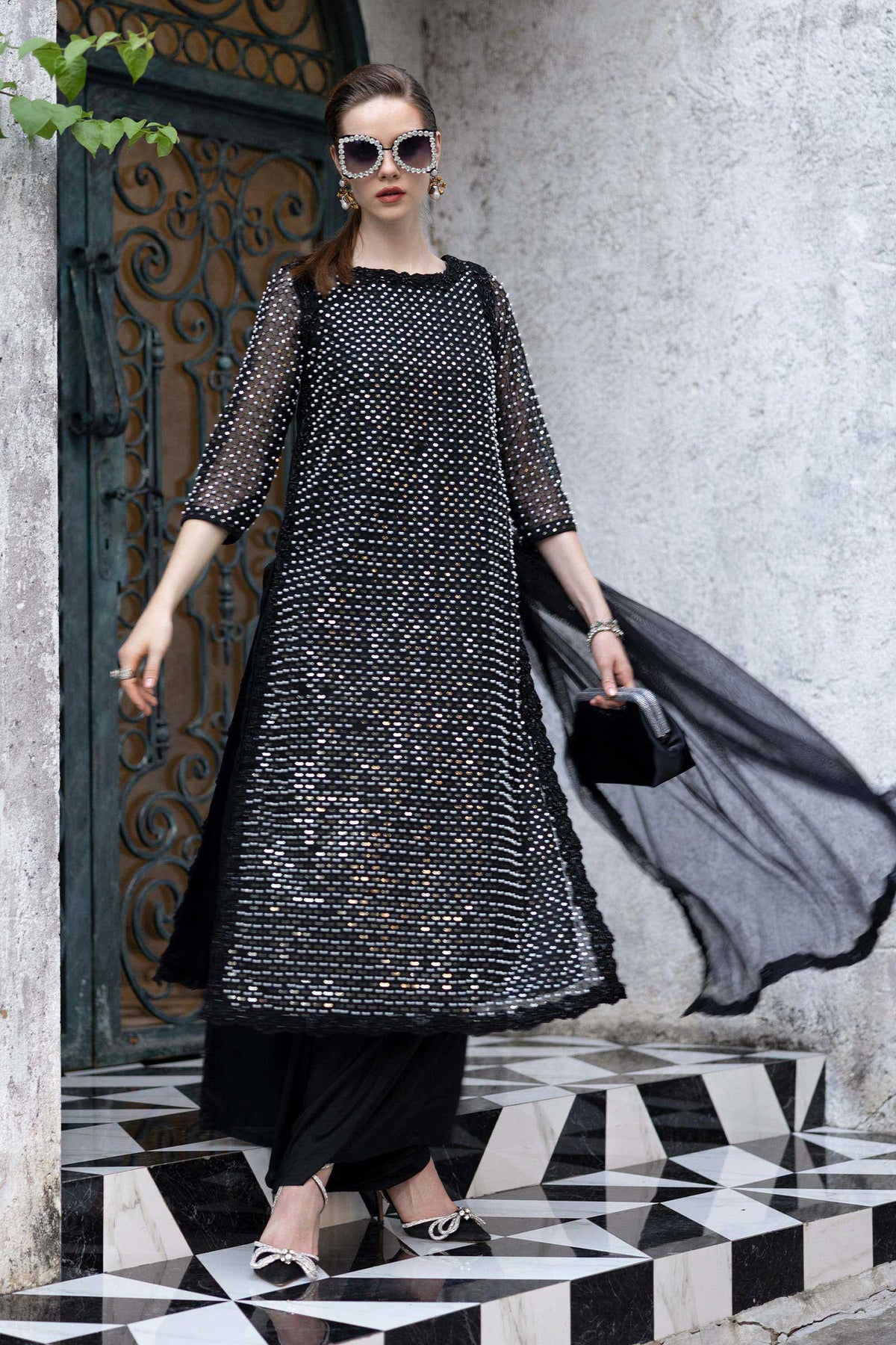 3 Piece Embroidered Organza Suit - SFE2623-ESM-BLK
