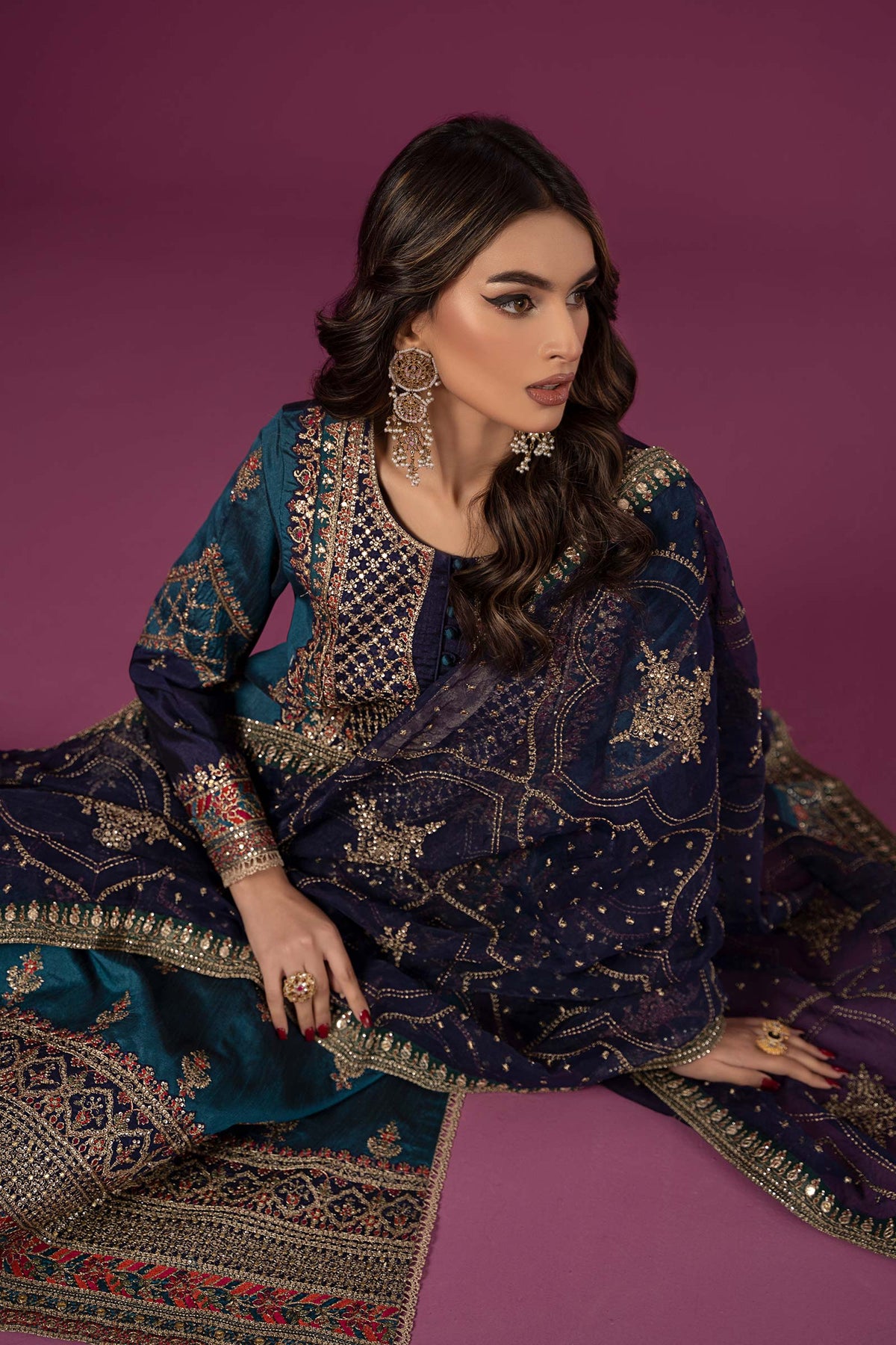 3 Piece Embroidered Raw Silk Suit