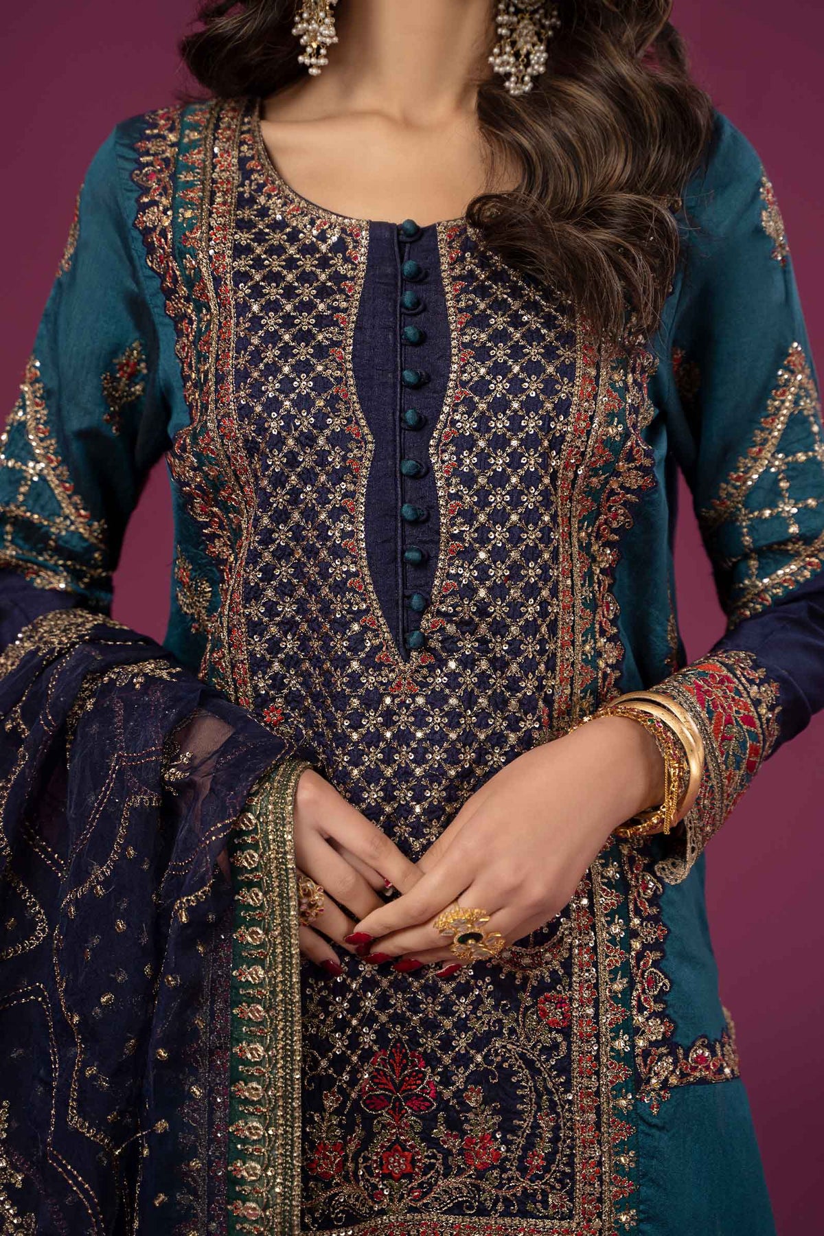 3 Piece Embroidered Raw Silk Suit