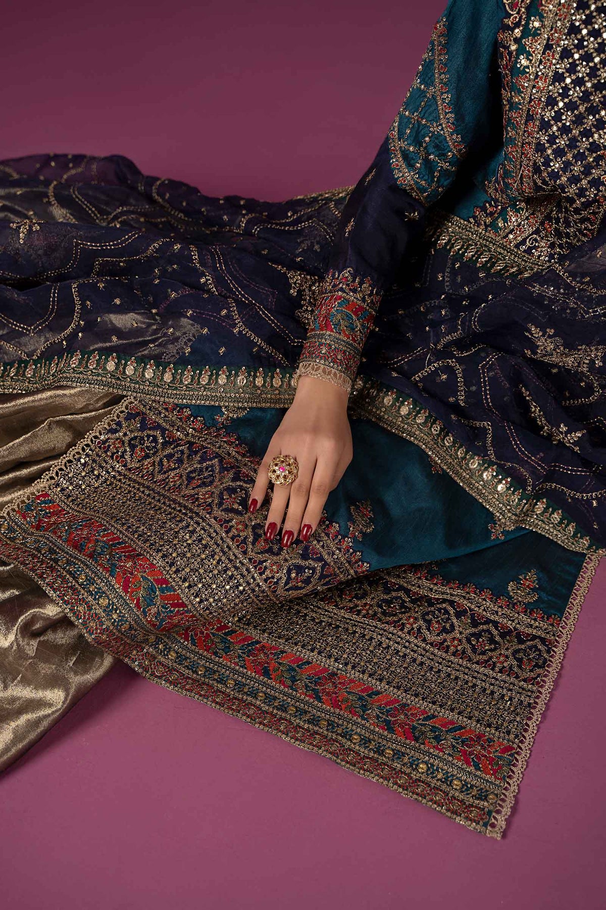 3 Piece Embroidered Raw Silk Suit