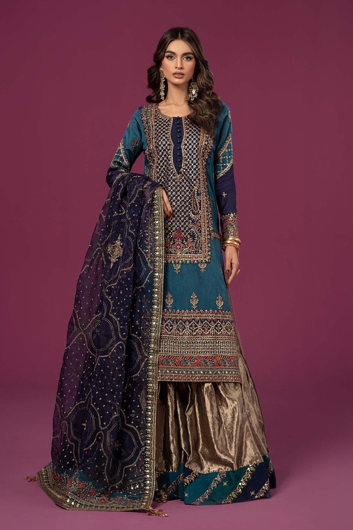 3 Piece Embroidered Raw Silk Suit