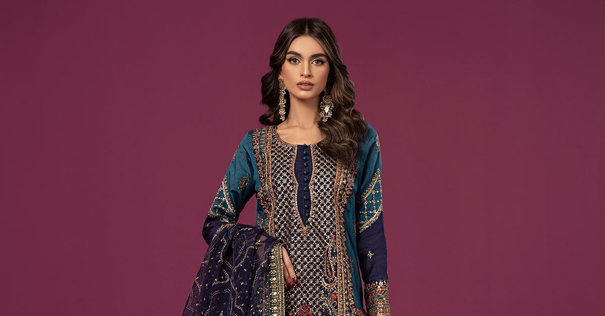 3 Piece Embroidered Raw Silk Suit