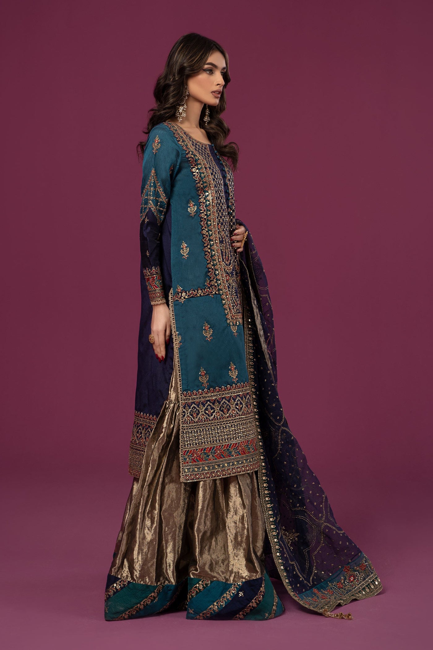 3 Piece Embroidered Raw Silk Suit